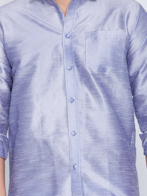 Vastramay Men's Blue Cotton Silk Blend Shirt and Mundu Set